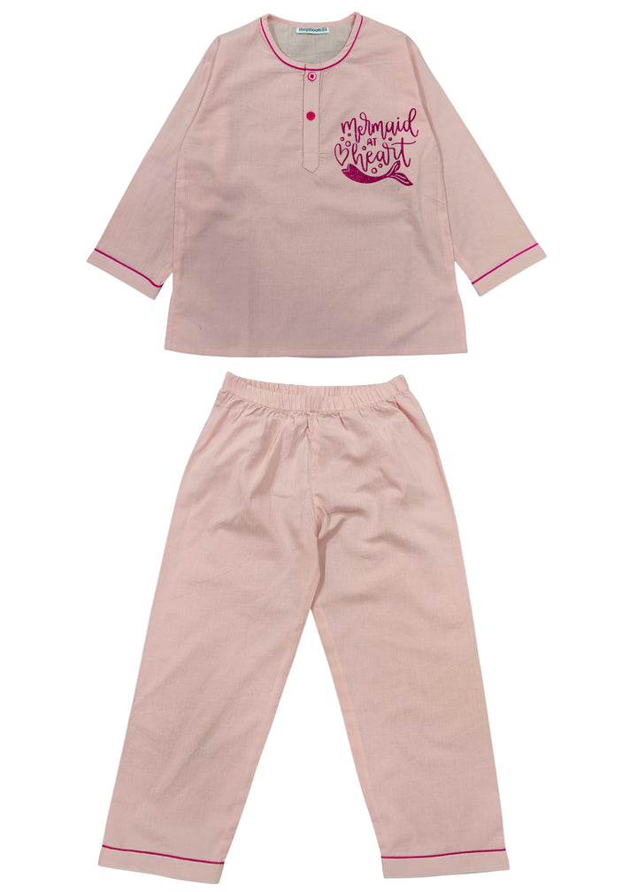 Mermaid At Heart Glitter Print Round Neck Long Sleeve Kids Night Suit