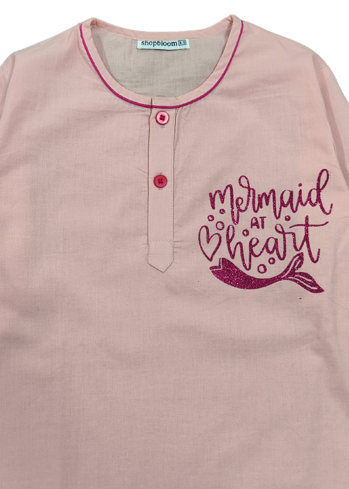 Mermaid At Heart Glitter Print Round Neck Long Sleeve Kids Night Suit