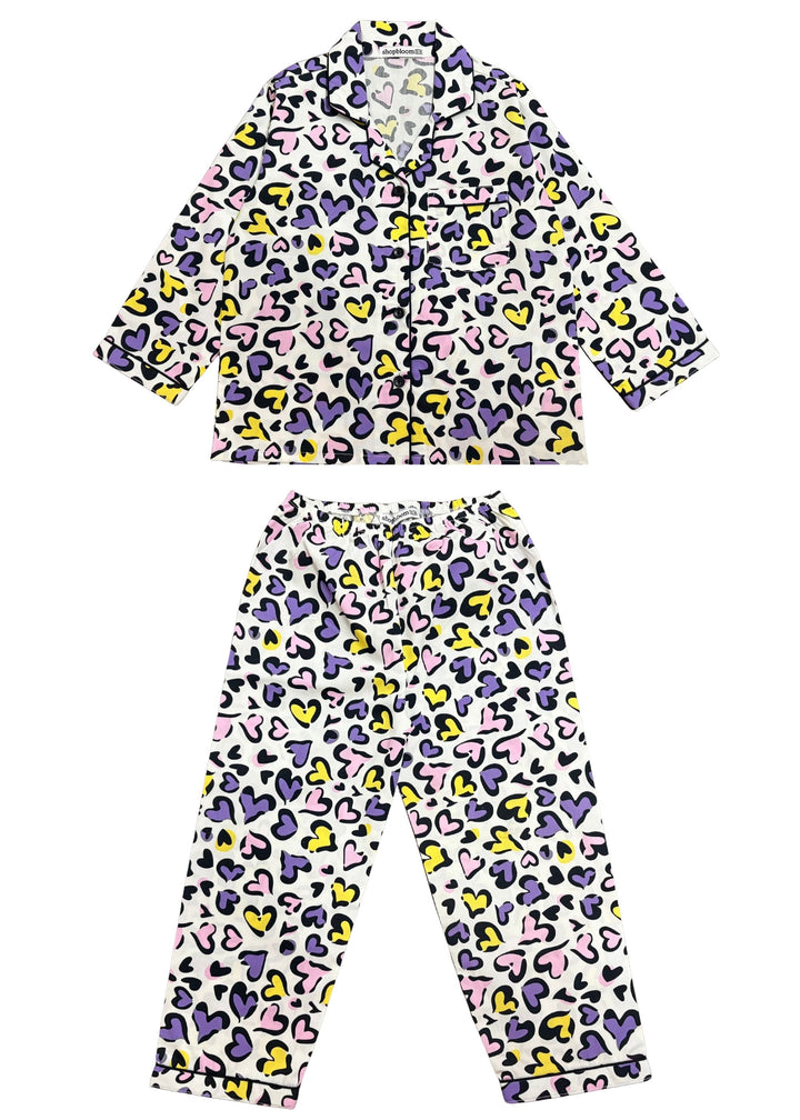 Little Hearts Print Long Sleeve Kids Night Suit