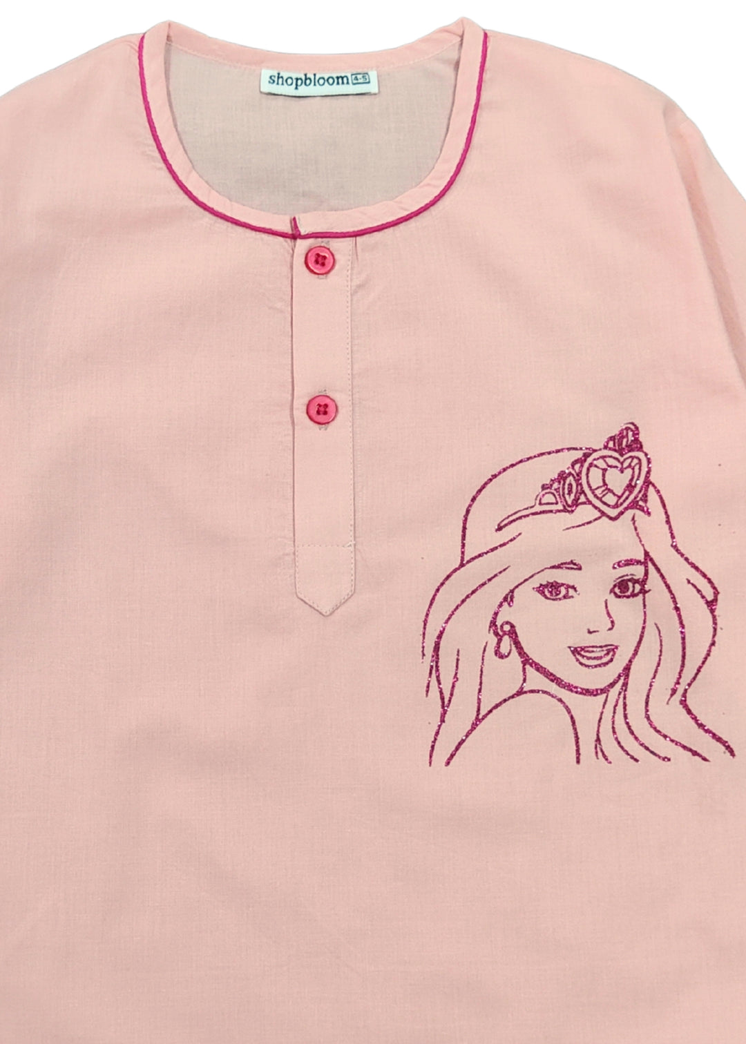 Barbie Doll Glitter Print Round Neck Long Sleeve Kids Night Suit