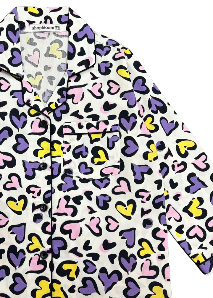 Little Hearts Print Long Sleeve Kids Night Suit