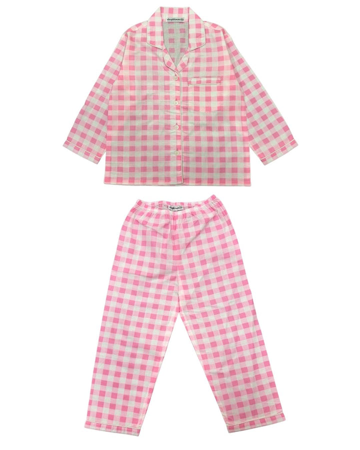 Blush Check Snuggles Print Long Sleeve Kids Night Suit