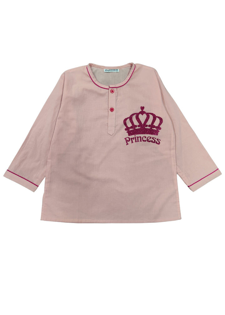 Princess Crown Glitter Print Round Neck Long Sleeve Kids Night Suit
