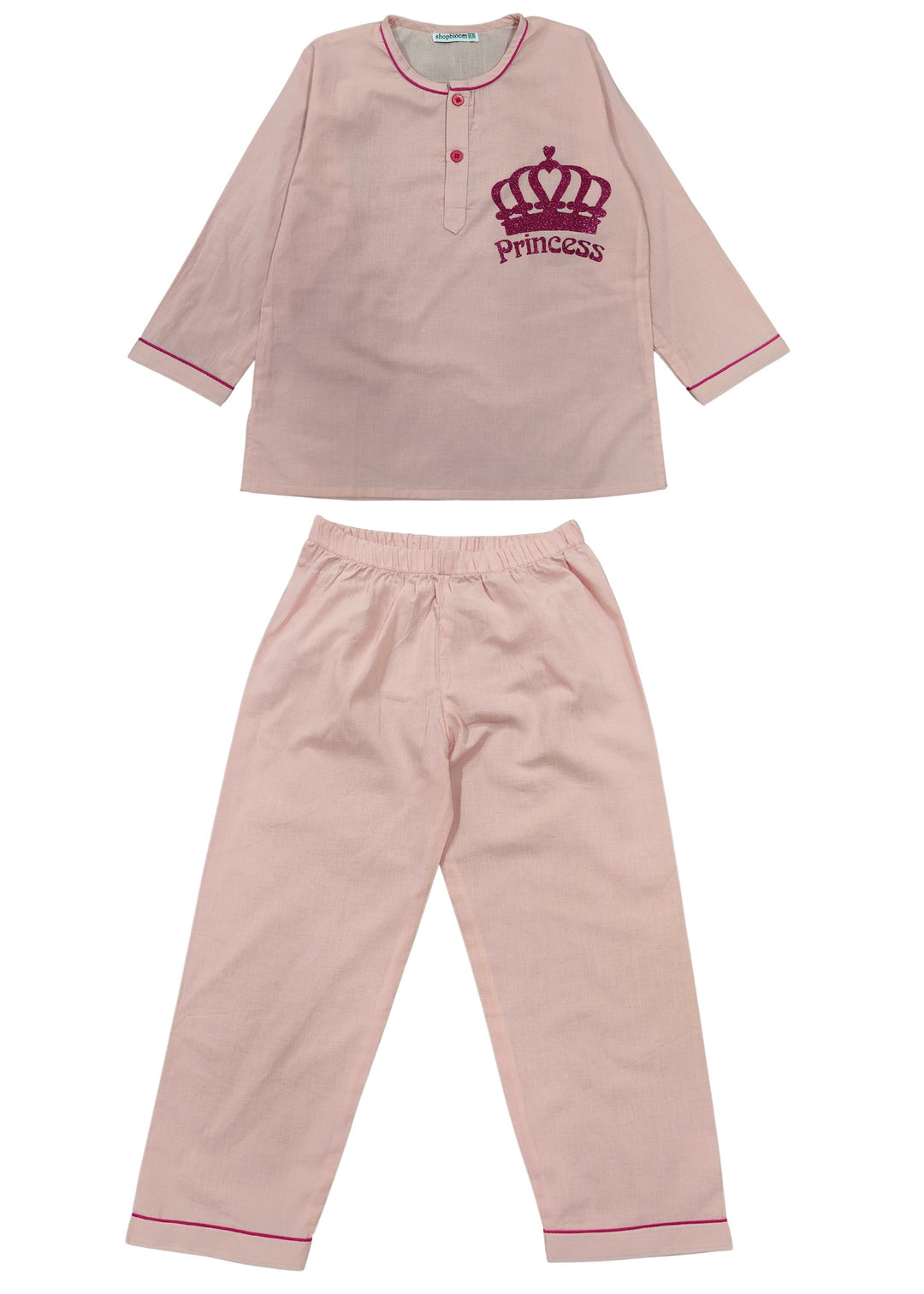 Princess Crown Glitter Print Round Neck Long Sleeve Kids Night Suit