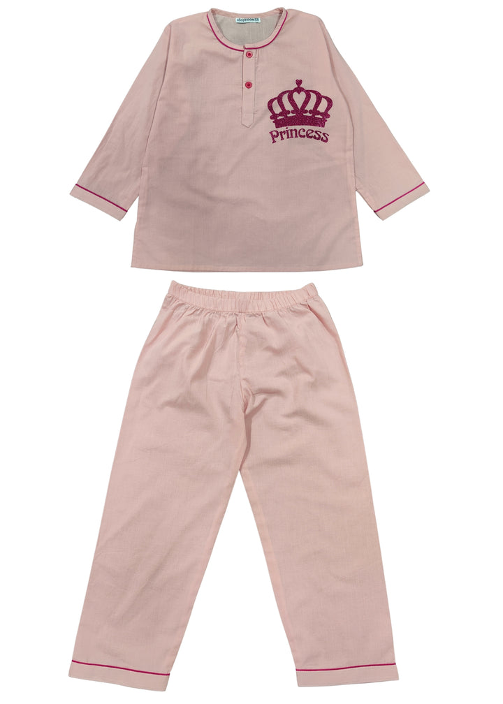 Princess Crown Glitter Print Round Neck Long Sleeve Kids Night Suit