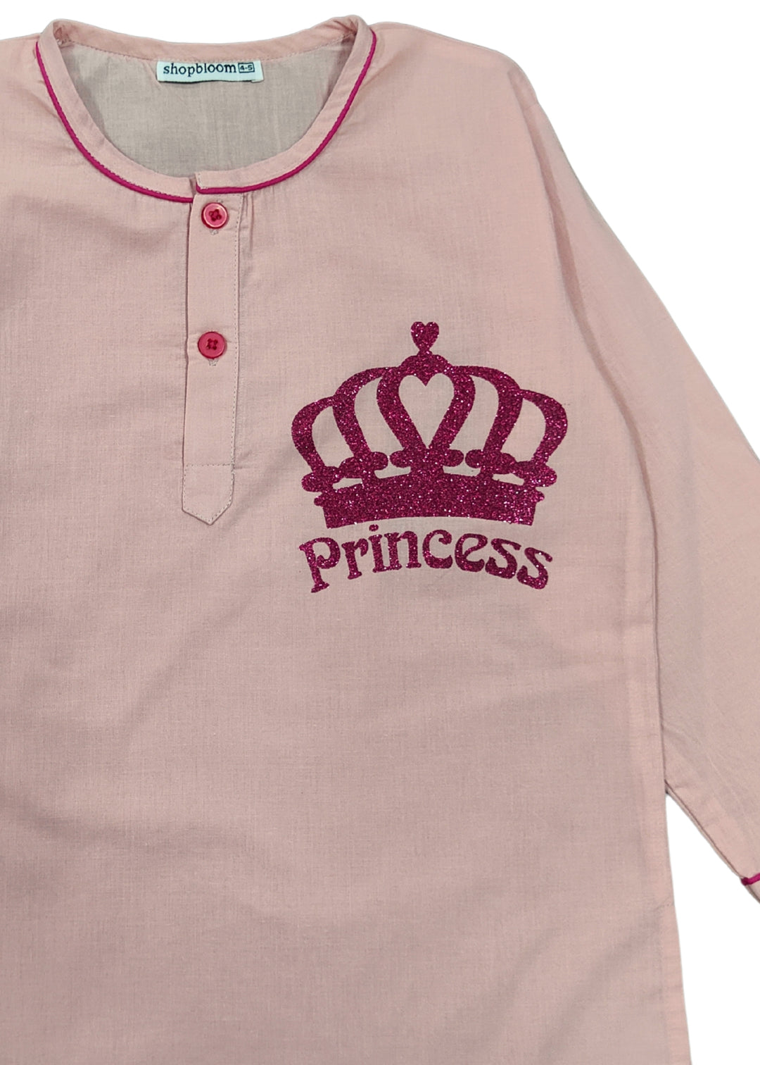 Princess Crown Glitter Print Round Neck Long Sleeve Kids Night Suit