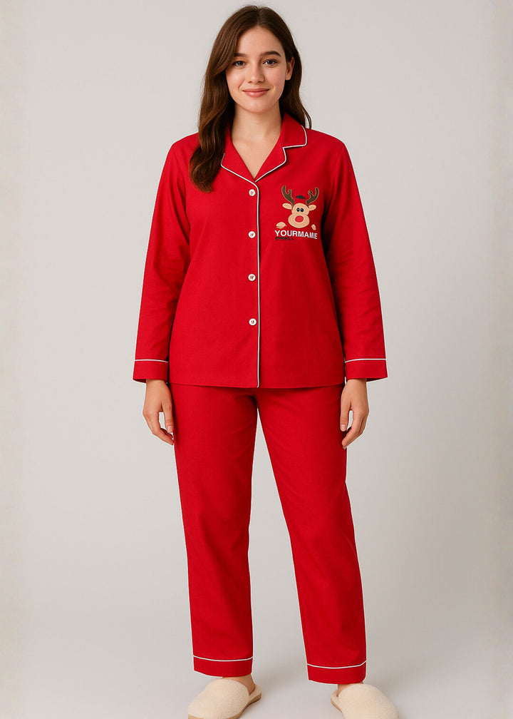 Women's Customized Name Christmas Reindeer Print Long Sleeve Night Suit