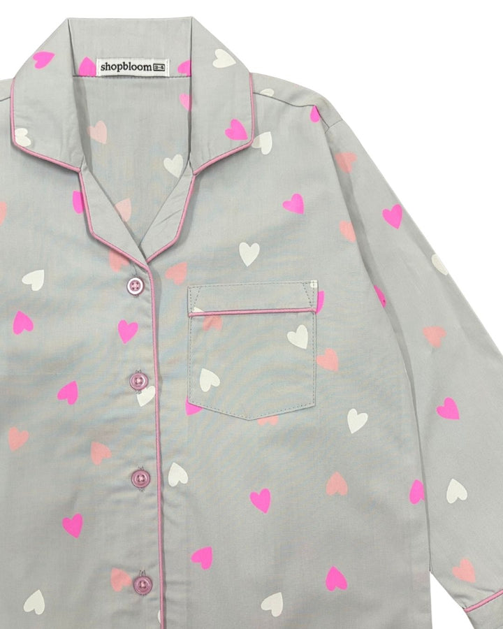 Hearts & Giggles Print Long Sleeve Kids Night Suit