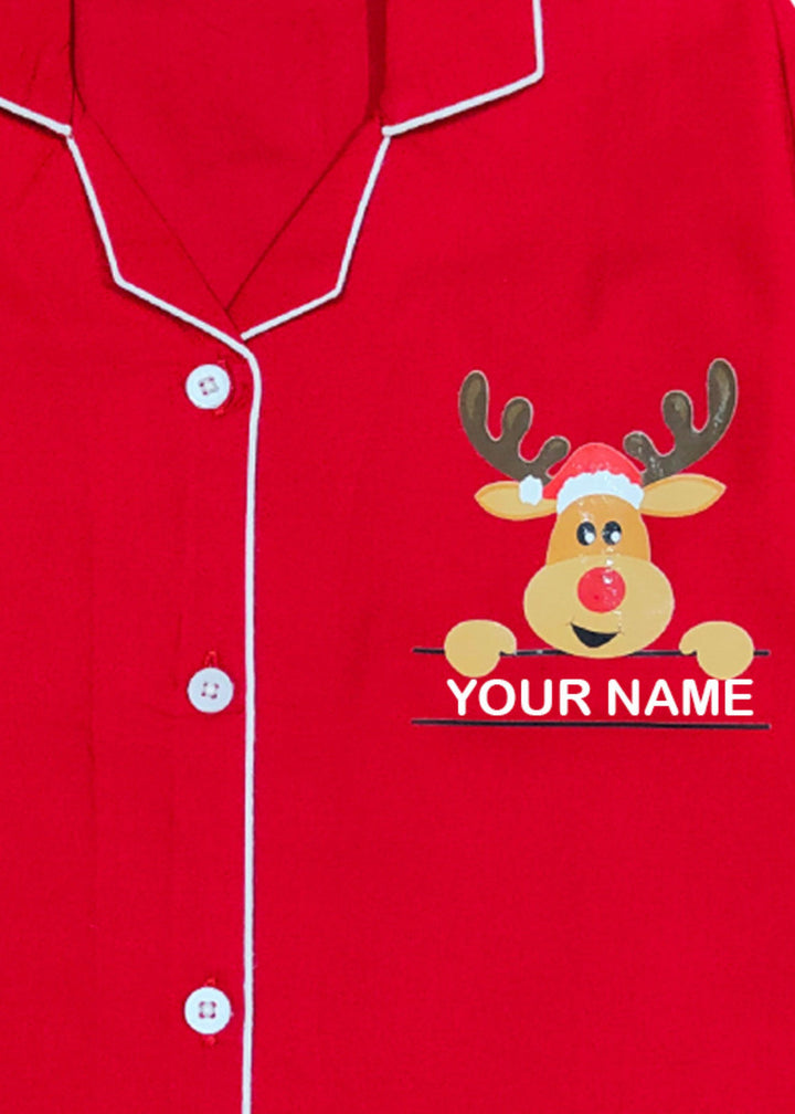 Women's Customized Name Christmas Reindeer Print Long Sleeve Night Suit