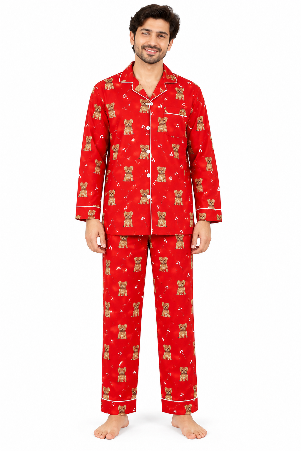 Merry Paws Red Cotton Flannel Long Sleeve Men's Night Suit