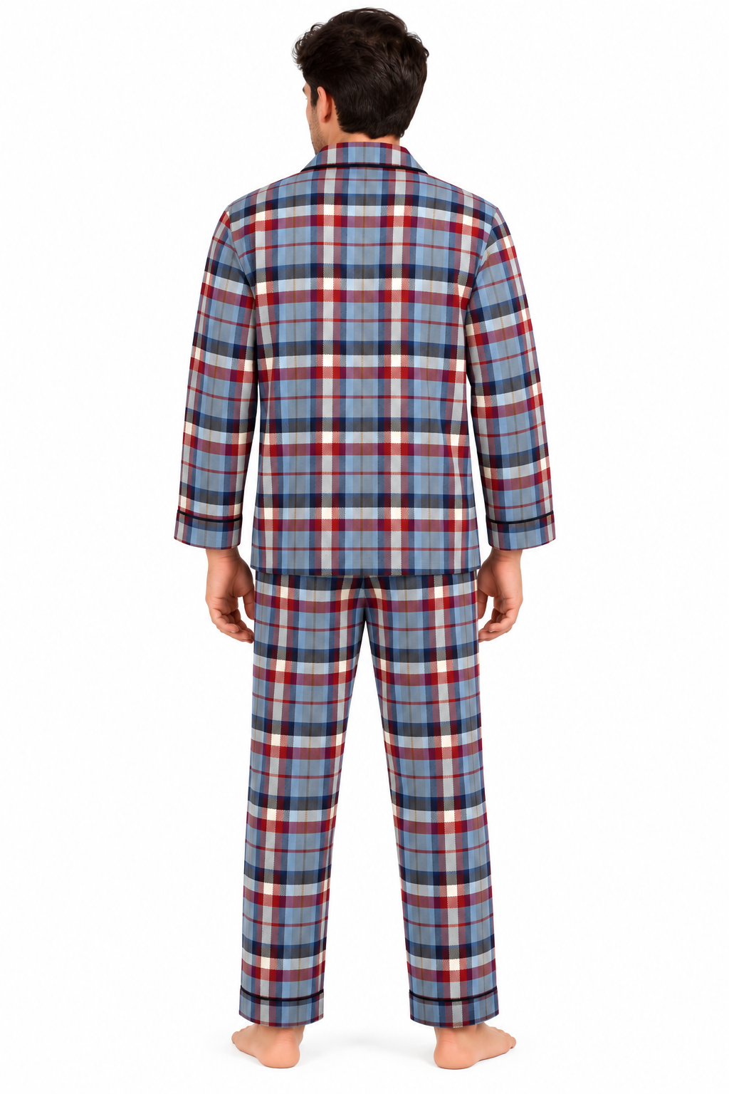 Blue Tartan Check Cotton Flannel Long Sleeve Men's Night Suit
