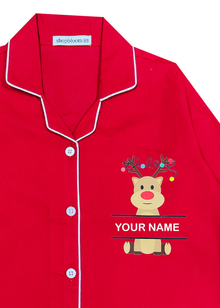 Kids Customized Name Reindeer Print Long Sleeve Night Suit