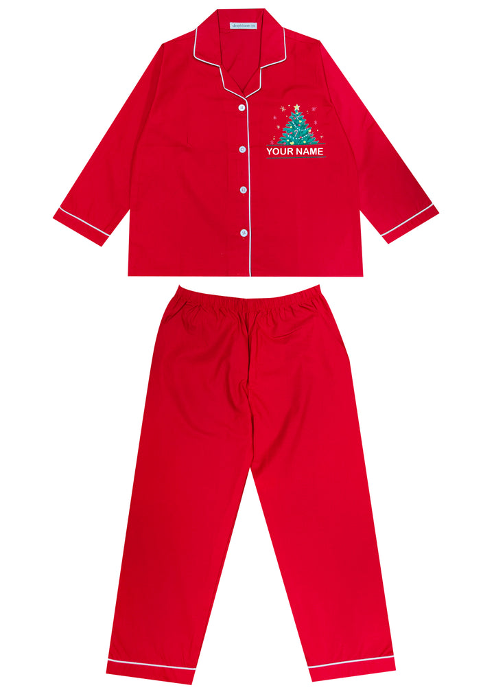 Kids Customized Name Christmas Tree Print Long Sleeve Night Suit