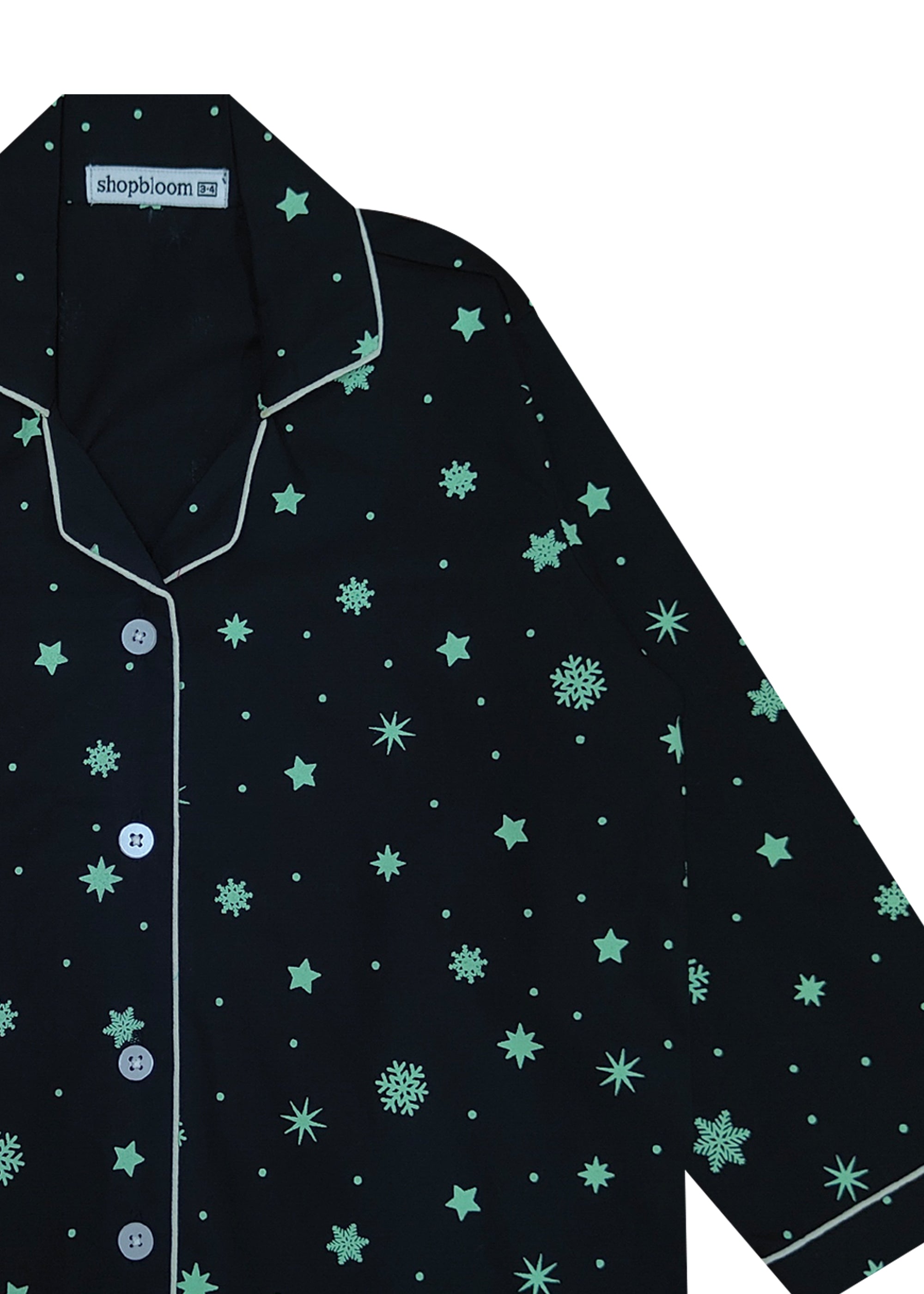 Glow In The Dark Christmas Snowflakes Print Long Sleeve Kids Night Suit