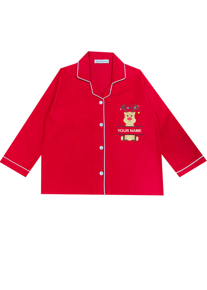Kids Customized Name Reindeer Print Long Sleeve Night Suit