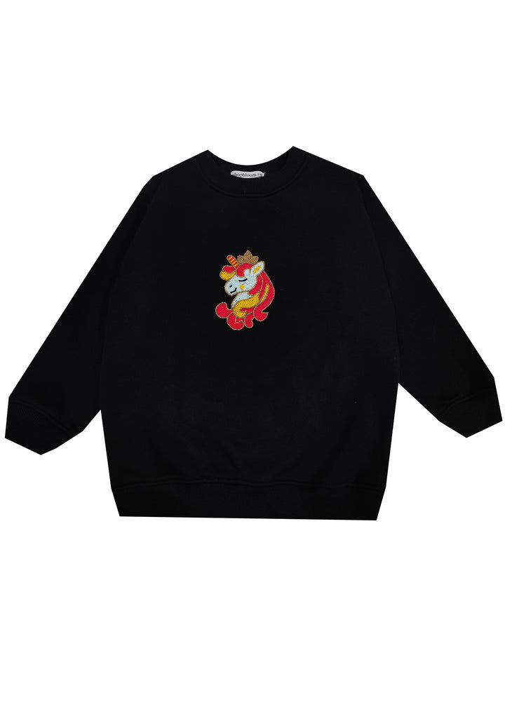 Hand Embellished Unicorn Warm Fleece Kids Sweatshirt (Black)