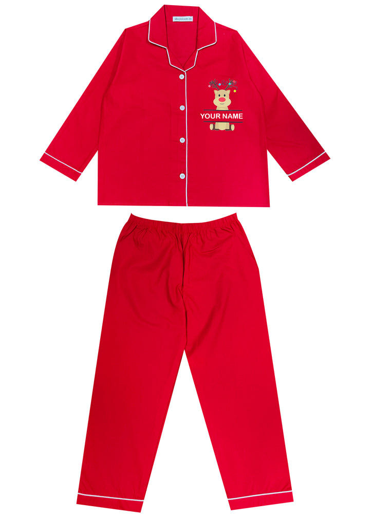 Kids Customized Name Reindeer Print Long Sleeve Night Suit