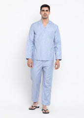 Hazy blue and white stripes long sleeve men's night suit