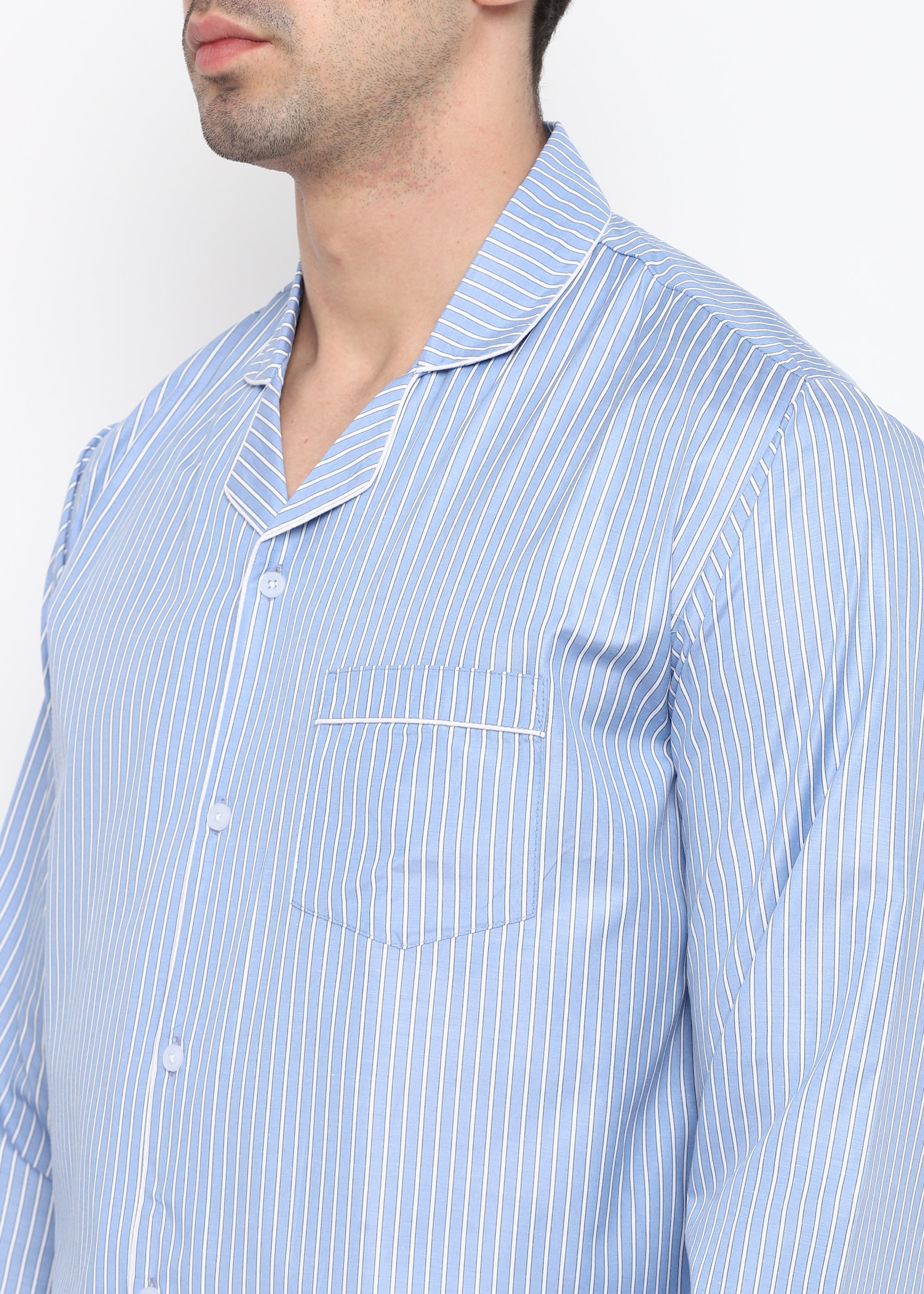 Hazy blue and white stripes long sleeve men's night suit