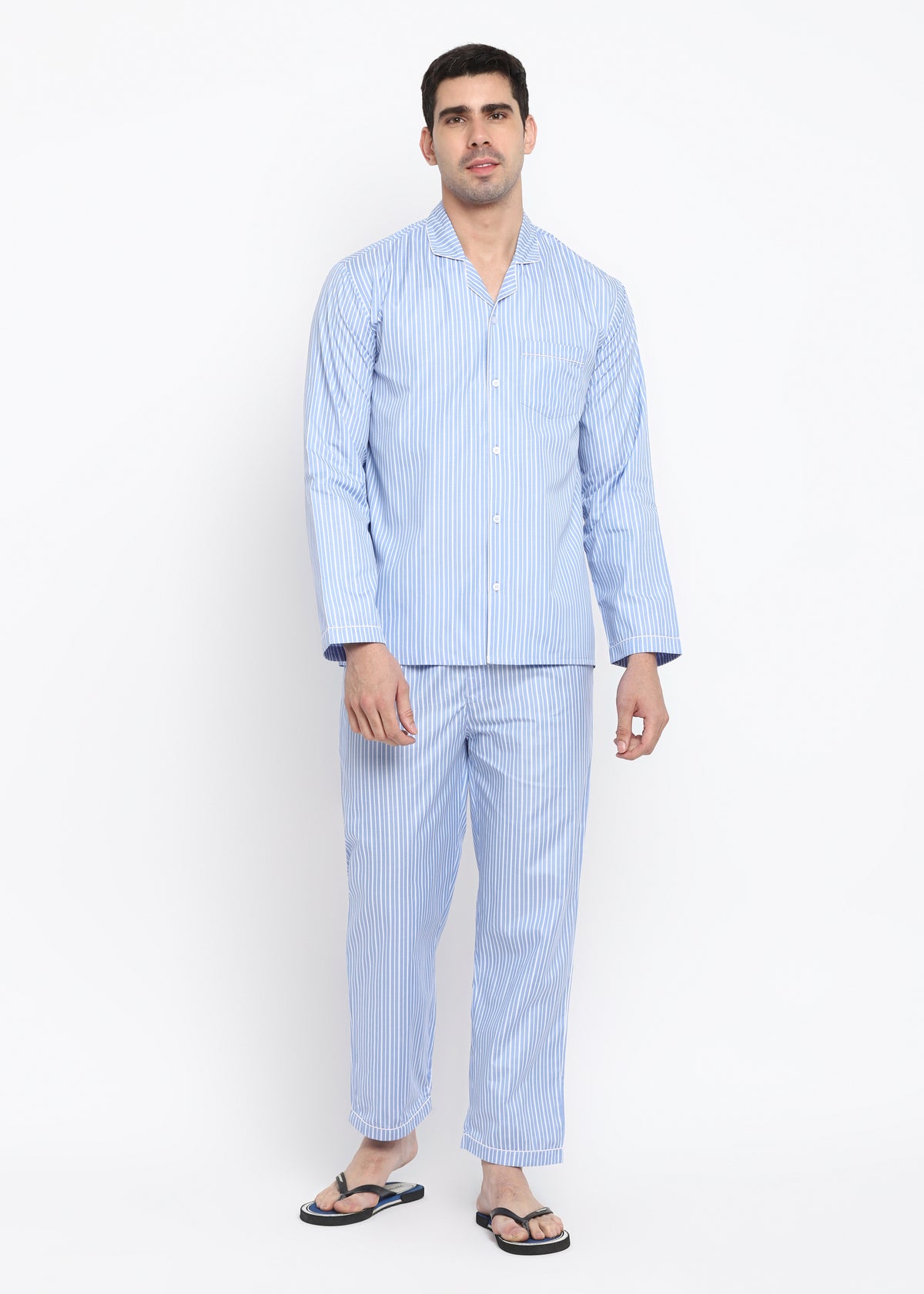 Blue And White Dotted Stripes Long Sleeve Men's Night Suit