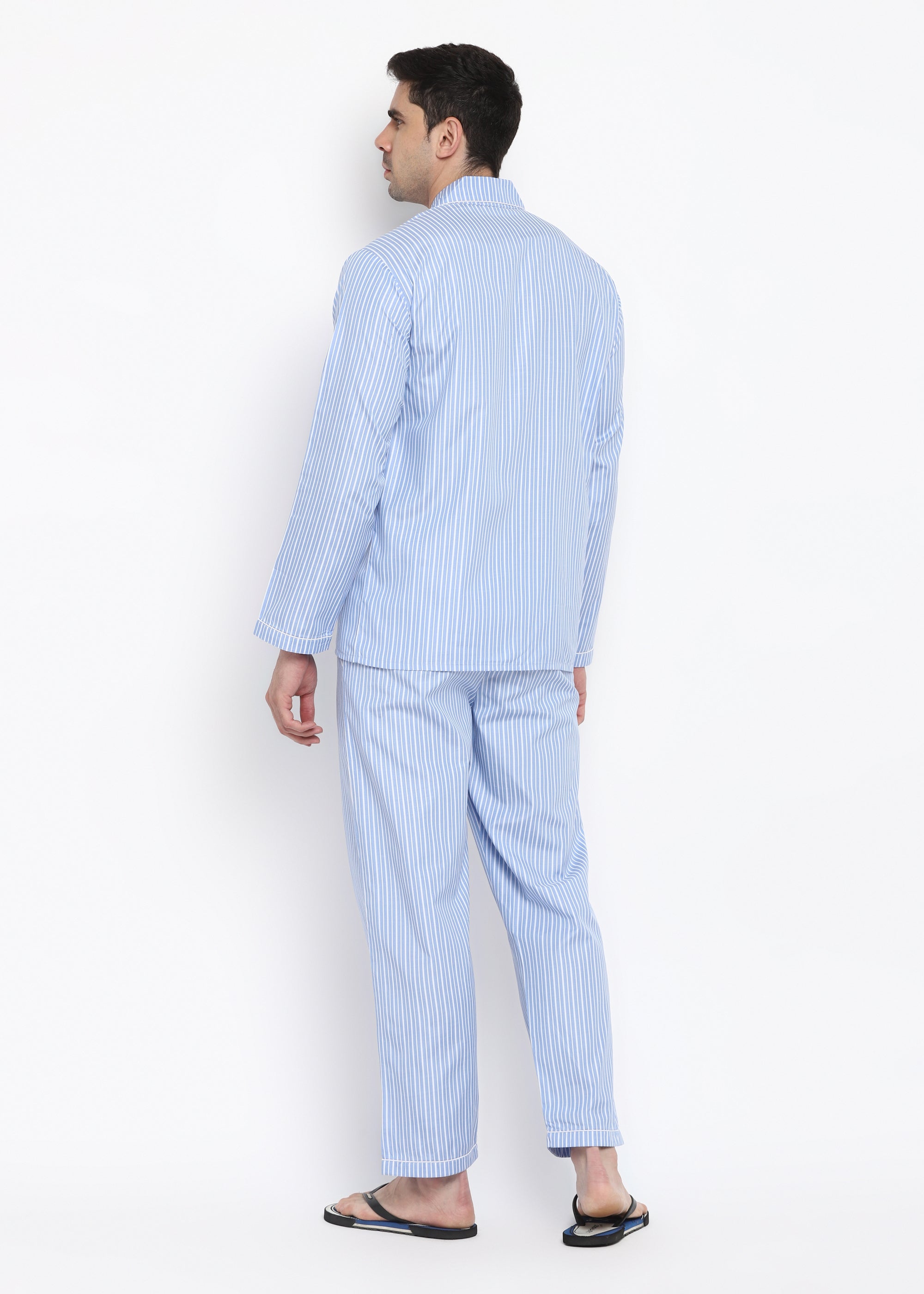 Blue And White Dotted Stripes Long Sleeve Men's Night Suit