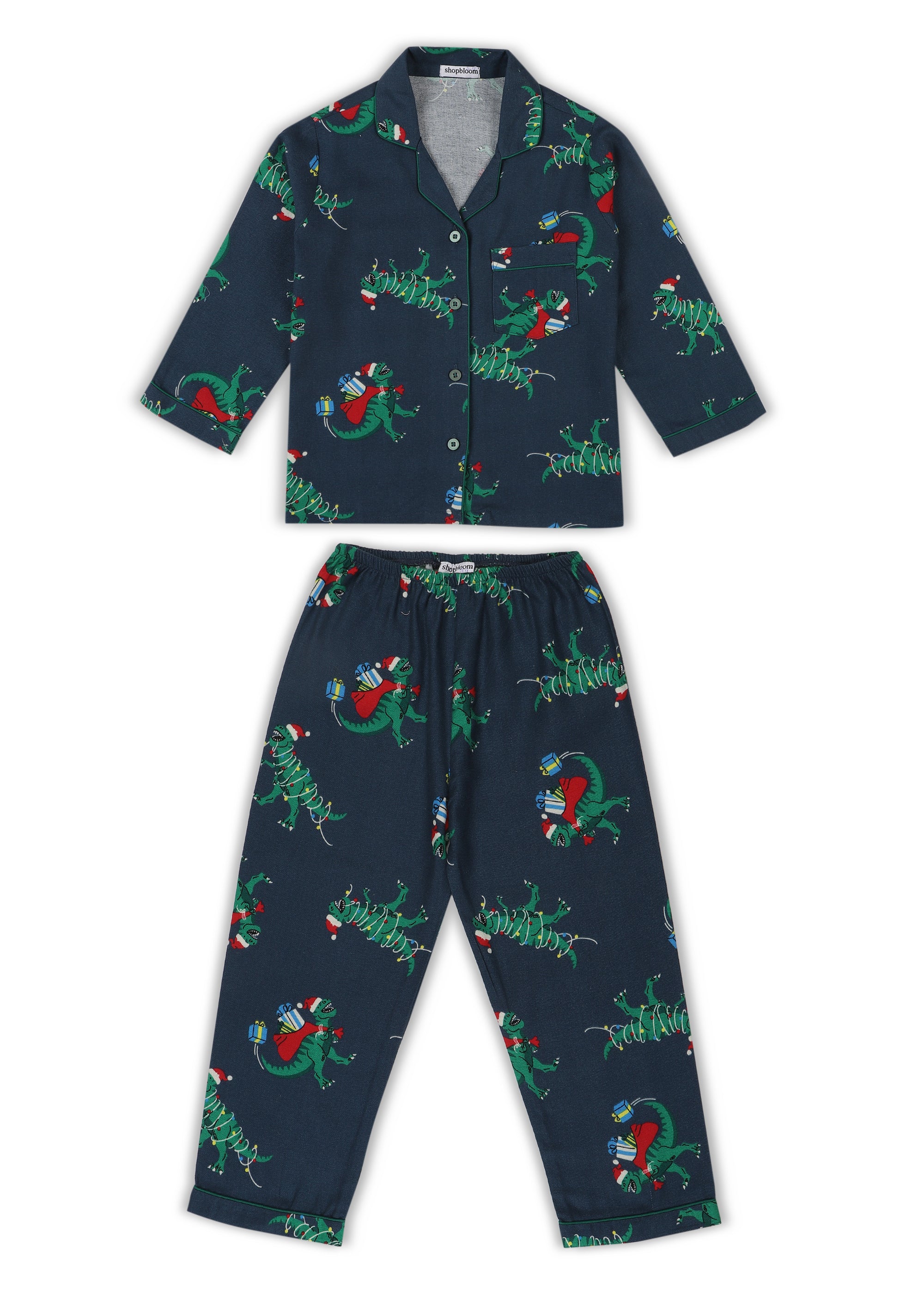 Christmas Dinosaur Print Cotton Flannel Long Sleeve Kid's Night Suit