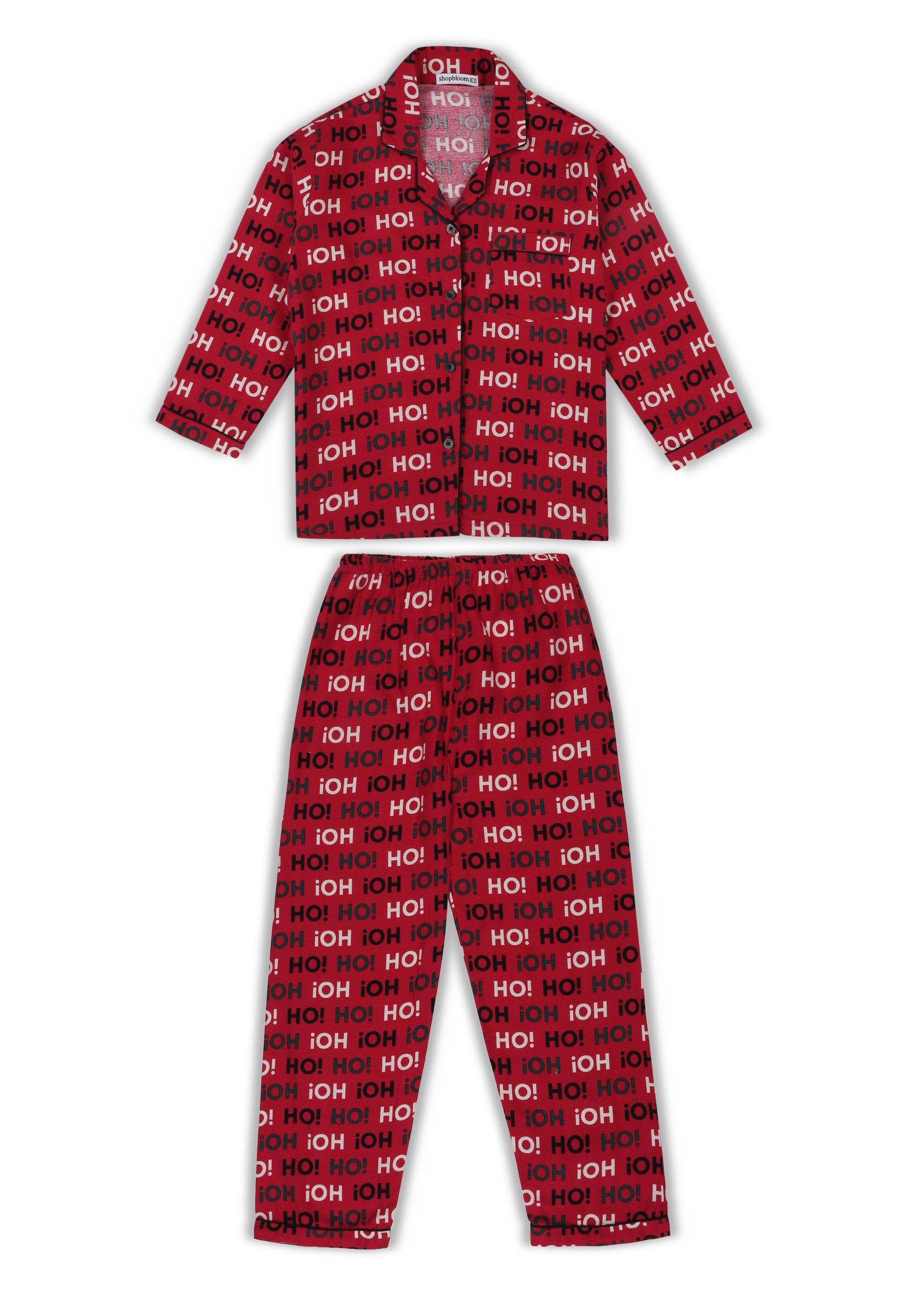 Ho! Ho! Ho! Print Cotton Flannel Long Sleeve Kid's Night Suit