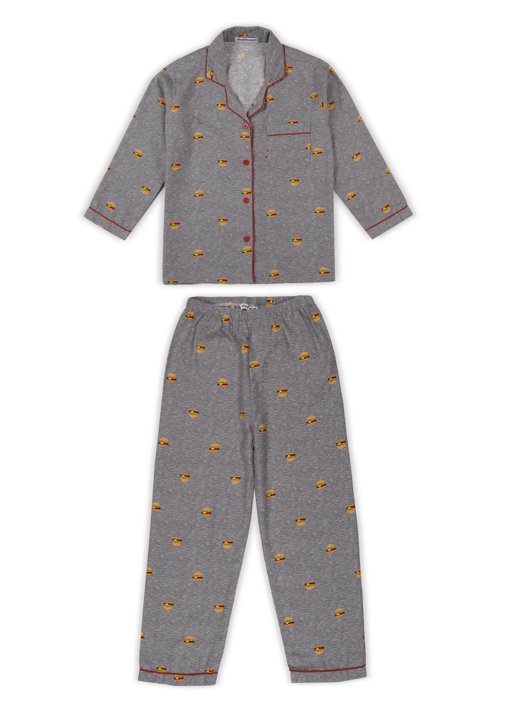 Burger Print Cotton Flannel Long Sleeve Kid's Night Suit