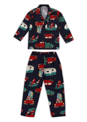 Santa On Scooter Print Cotton Flannel Long Sleeve Kid's Night Suit