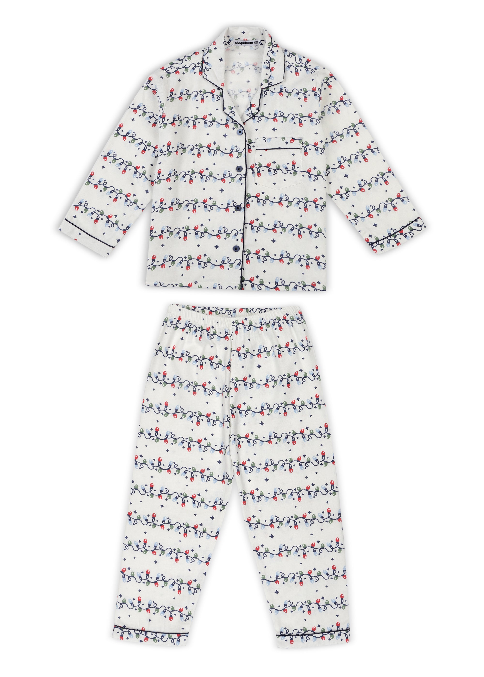 Christmas Lights Print Cotton Flannel Long Sleeve Kid's Night Suit