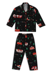 Happy Holidays Print Cotton Flannel Long Sleeve Kid's Night Suit