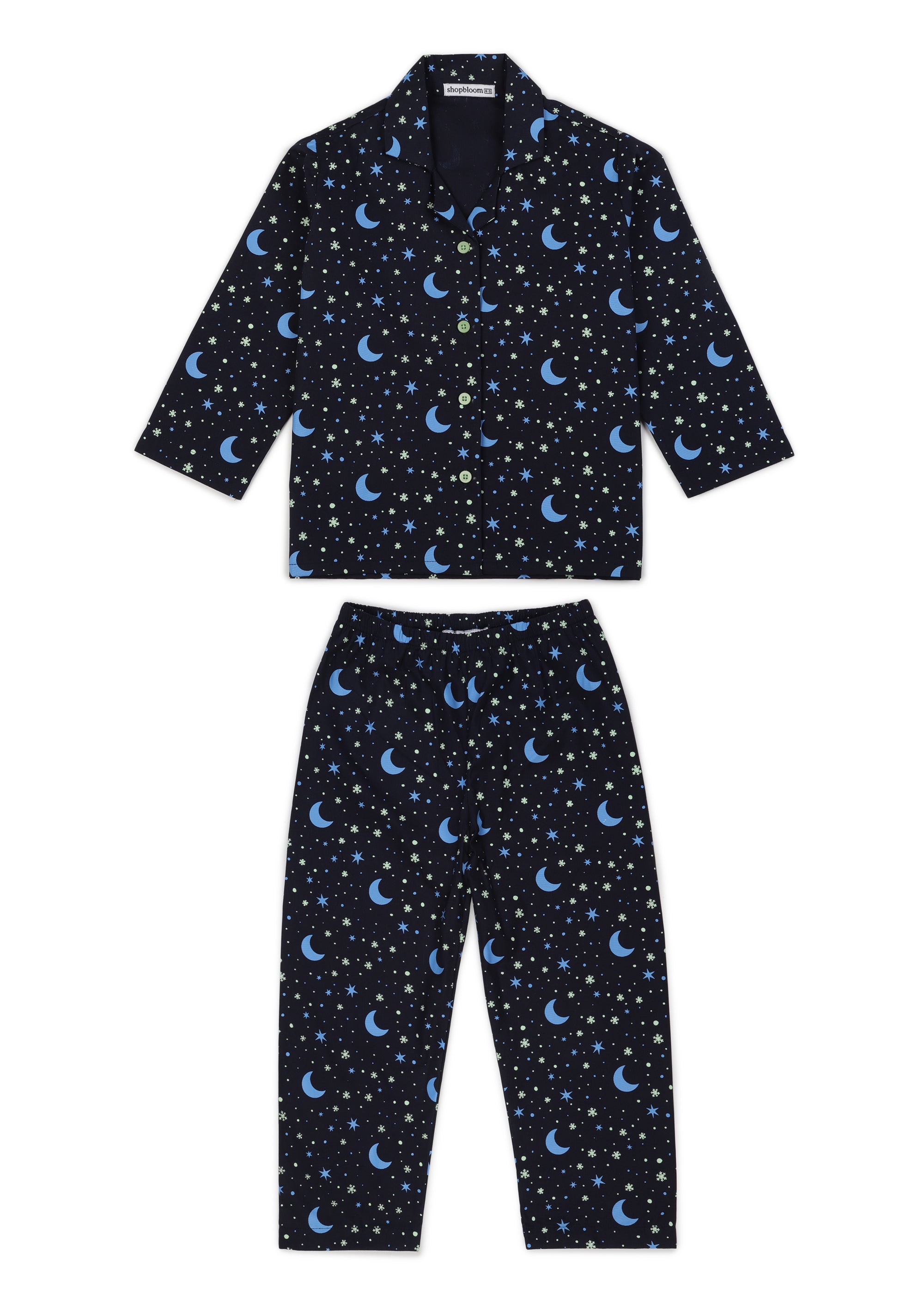 Star And Moon Glow In The Dark Print Navy Long Sleeve Kids Night Suit