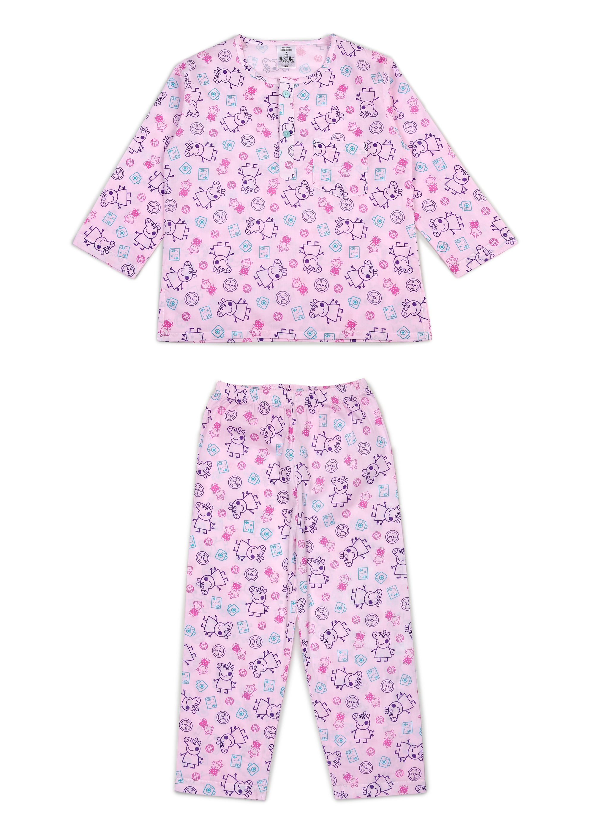 Peppa Line Art Pink Print Round Neck Long Sleeve Kids Night Suit