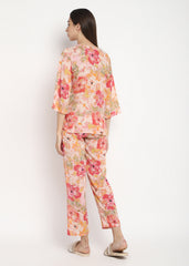 Big Flower Print V Neck 3/4th Sleeve Women's Night Suit