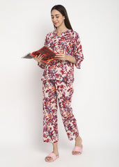 Abstract Flower V Neck Women's Night Suit