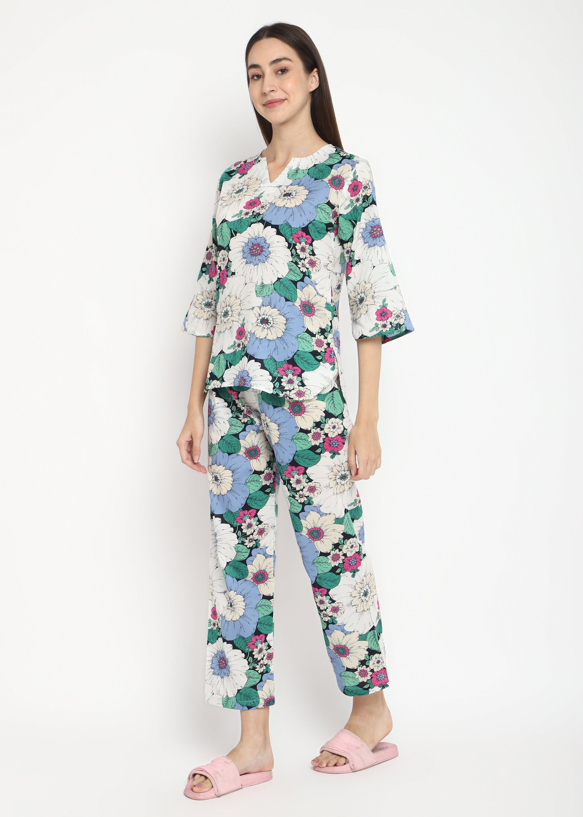 Colorful Flowers Blue and Green V Neck Women's Night Suit