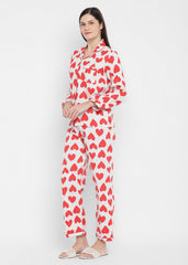 Red Hearts Print  Cotton Flannel Long Sleeve Women's Night Suit