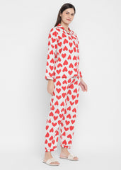 Red Hearts Print  Cotton Flannel Long Sleeve Women's Night Suit
