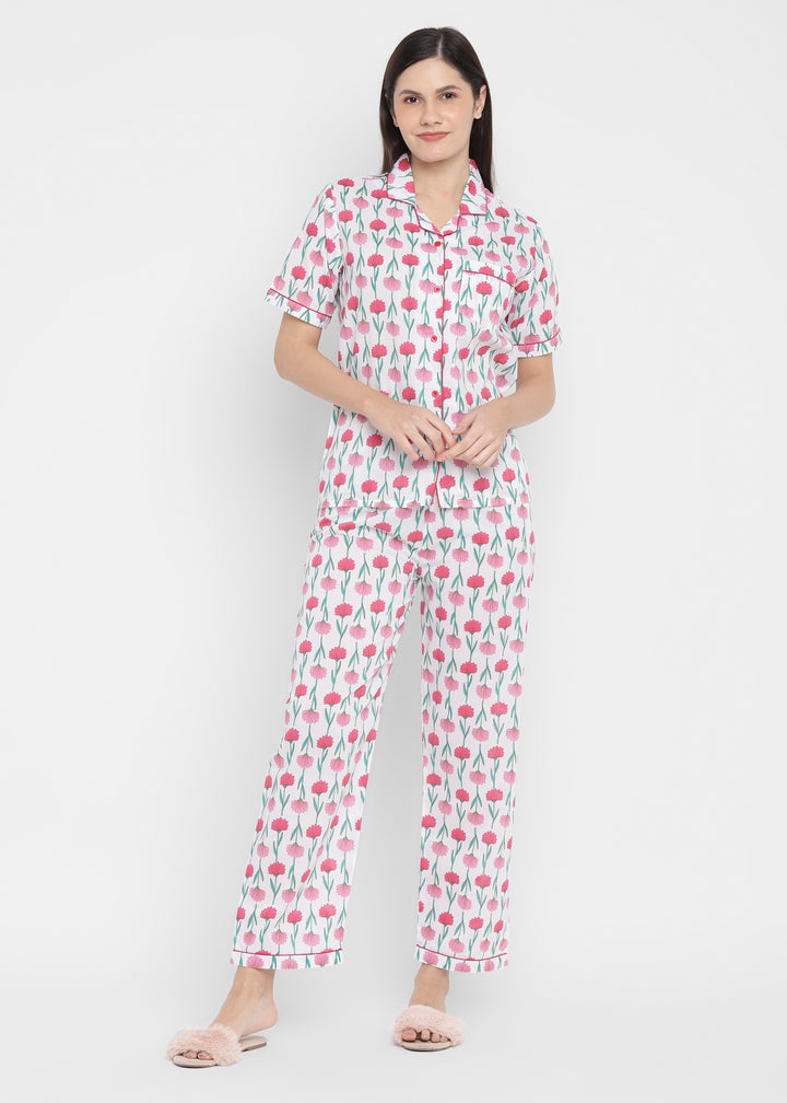 Red Floral Print Short Sleeve Women's Night Suit