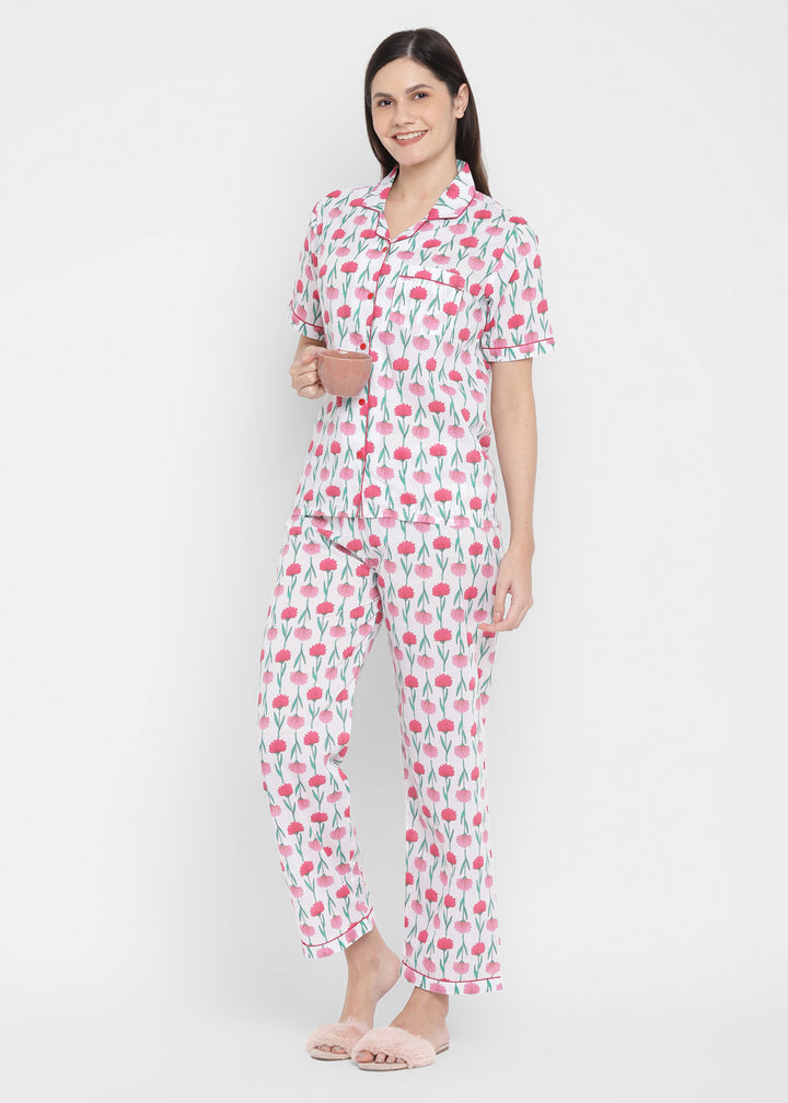Red Floral Print Short Sleeve Women's Night Suit