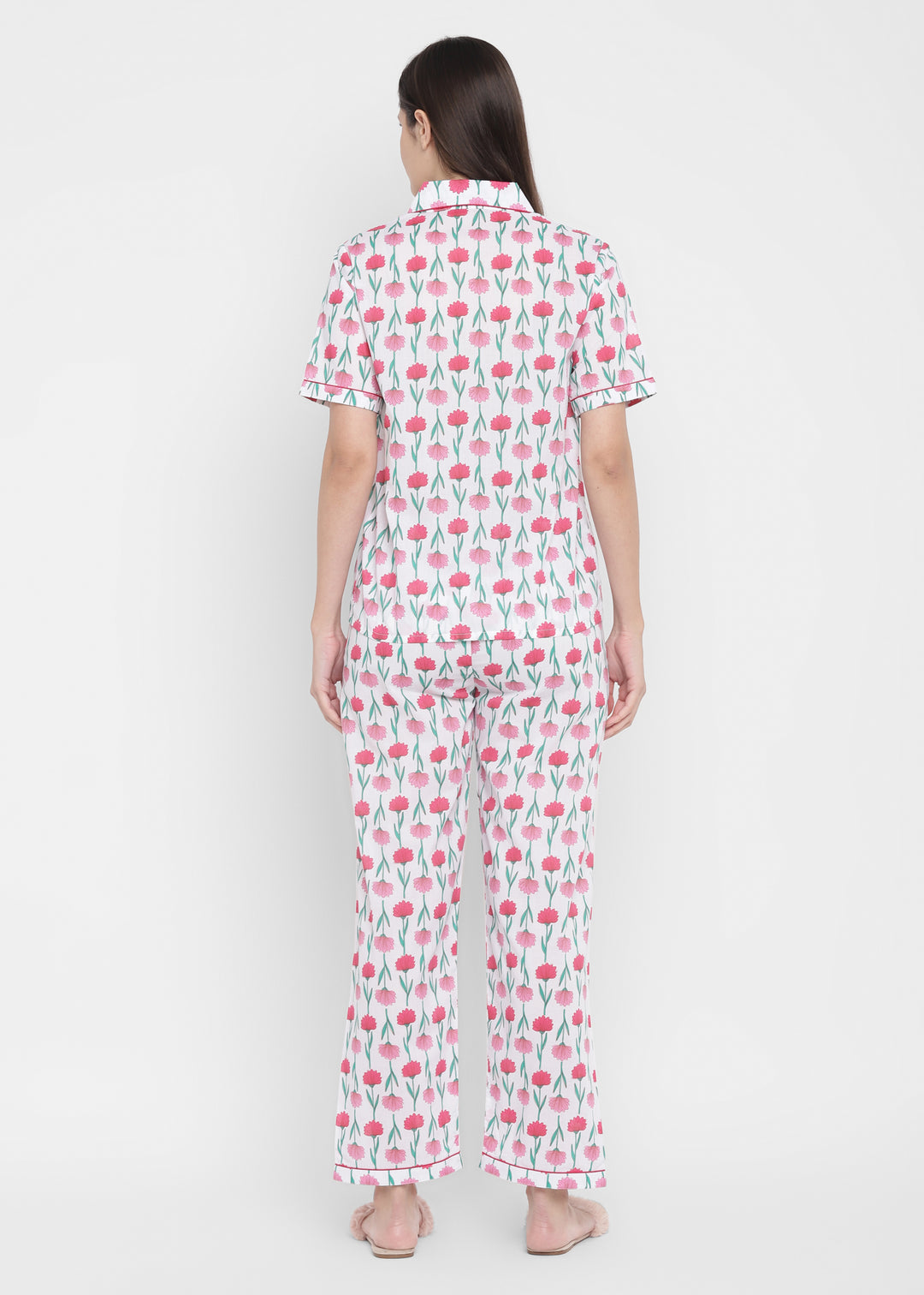 Red Floral Print Short Sleeve Women's Night Suit