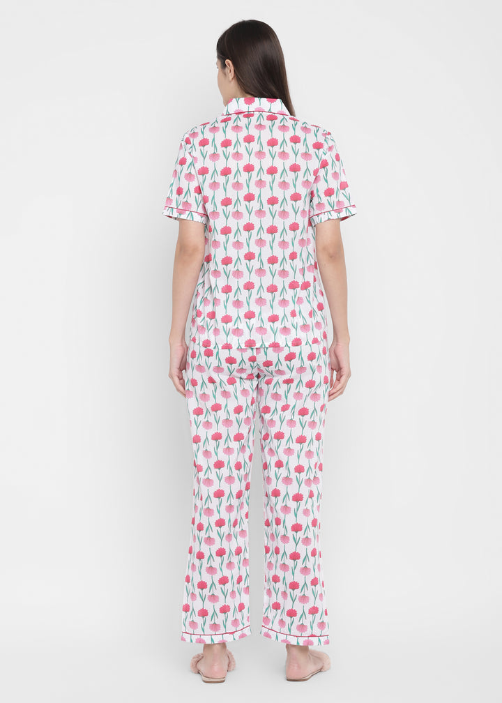 Red Floral Print Short Sleeve Women's Night Suit