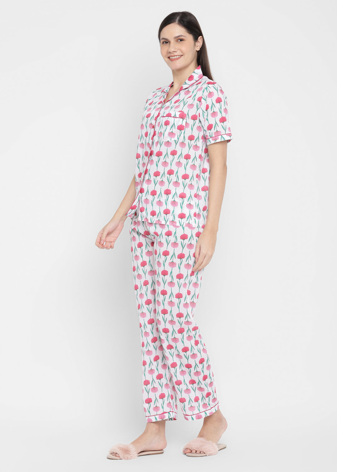 Red Floral Print Short Sleeve Women's Night Suit