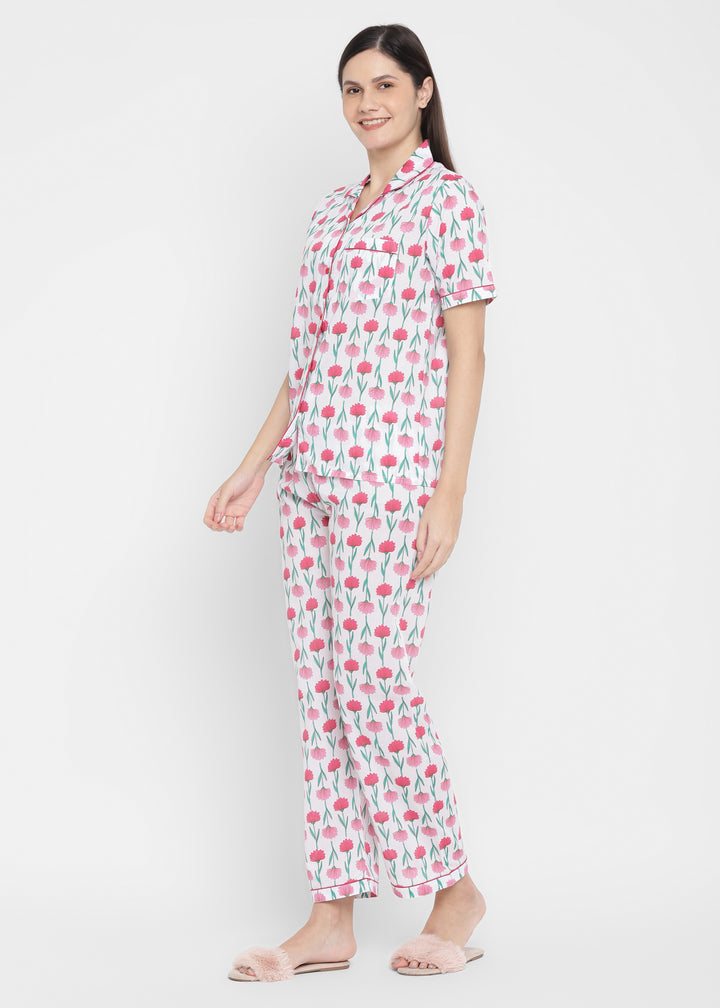 Red Floral Print Short Sleeve Women's Night Suit