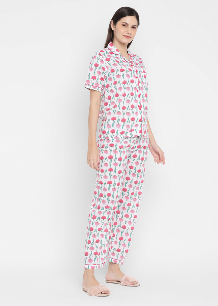 Red Floral Print Short Sleeve Women's Night Suit