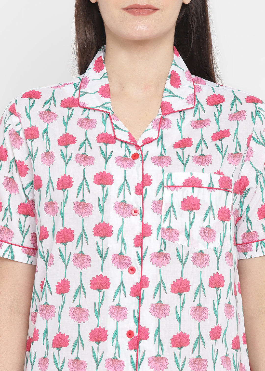 Red Floral Print Short Sleeve Women's Night Suit