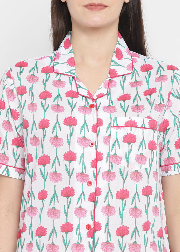 Red Floral Print Short Sleeve Women's Night Suit