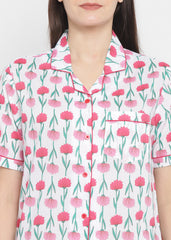 Red Floral Print Short Sleeve Women's Night Suiit