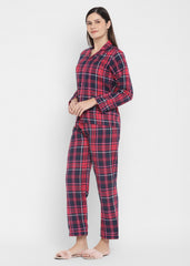 Pink and Navy Stripes Print  Cotton Flannel Long Sleeve Women's Night Suit