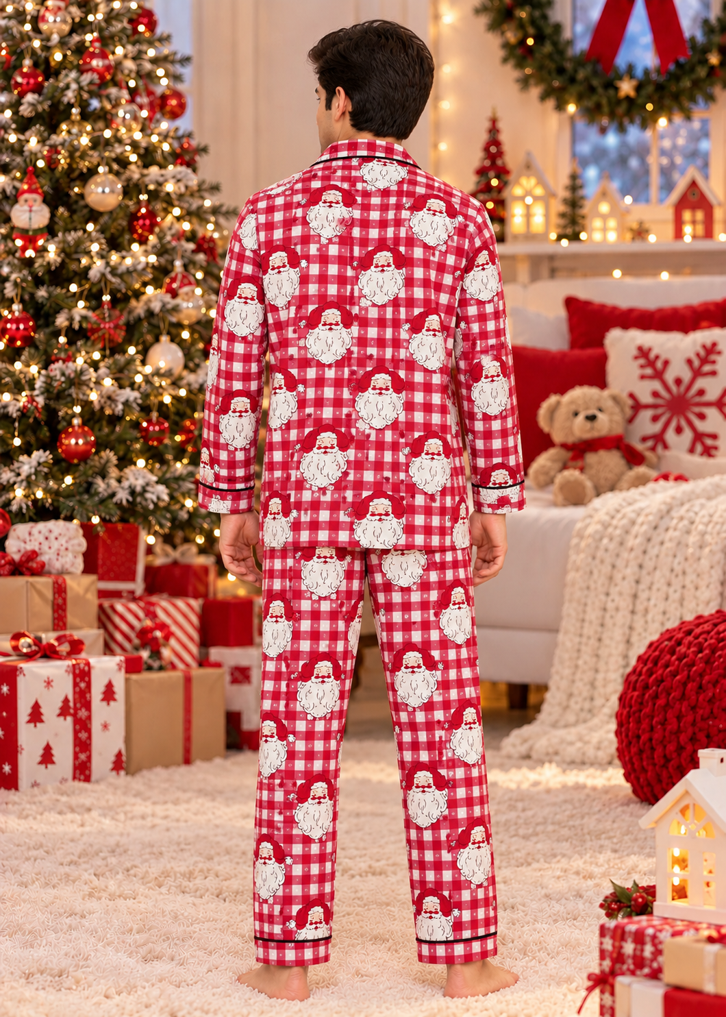 Merry Santa Gingham Cotton Flannel Long Sleeve Men's Night Suit